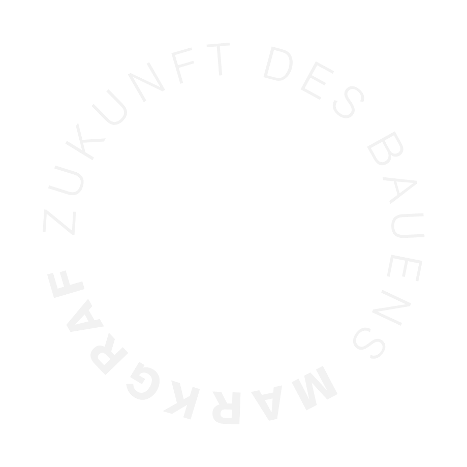 Kreisförmiger weißer Schriftzug auf schwarzem Hintergrund mit der Botschaft "ZUKUNFT DES BAUENS MARKGRAF".