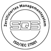 Schwarz-weißes Qualitätssiegel von SQS, das ein "Zertifiziertes Managementsystem" nach dem Standard "ISO/IEC 27001" bestätigt.
